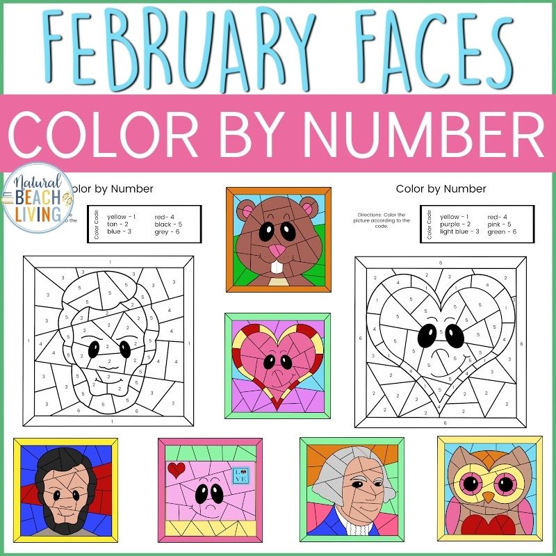 February Theme Color by Number Worksheets