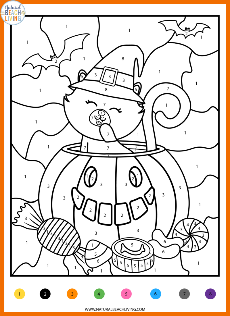 Color By Number Halloween Worksheets for Preschool and Kindergarten